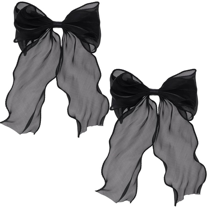 STSTR 2Pcs Large Hair Bow Clips, Black Silk Yarn Ribbon Bow Hair Barrette for Women, Elegant Long Tail Bowknot French Hair Accessories for Wedding, Parties, Festivals - Image 1